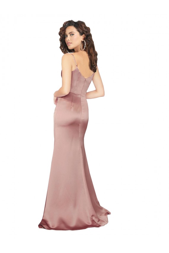 Compra Rosa empolvado Cubierta Cuello en V Satén sedoso Largo Formales Vestidos de dama de honor / Vestidos de fiesta