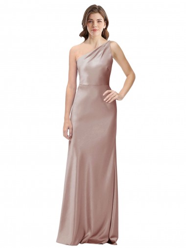 Rosa empolvado Cubierta Un Hombre Satén elástico Largo Formales Vestidos de dama de honor / Vestidos de fiesta Baratos
