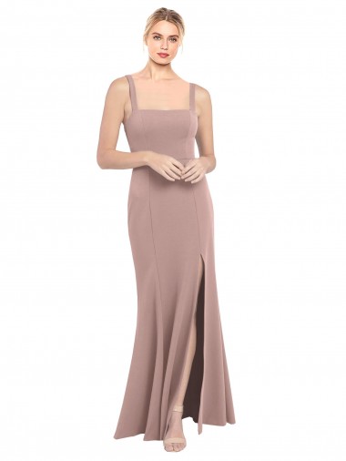 Rosa empolvado Sirena Cuadrado Cuello Alto Crepé Elástico Largo Vestidos de dama de honor / Vestidos de fiesta Baratos