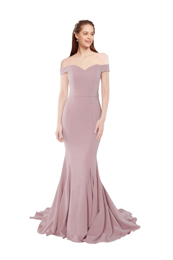 Compra Rosa empolvado Sirena Hombros Descubiertos Barrer tren Crepé Elástico Largo Formales Vestidos de dama de honor / Vestidos de fiesta