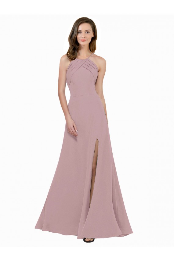 Compra Rosa empolvado línea A Cuello joya Cuello Alto Crepé Elástico Largo Vestidos de dama de honor / Vestidos de fiesta