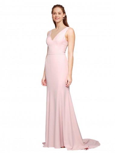 Rosa línea A Cuello en V Barrer tren Crepé Elástico Largo Vestidos de dama de honor / Vestidos de fiesta Baratos