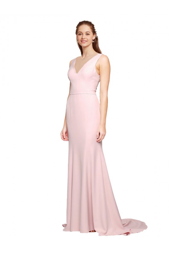 Compra Rosa línea A Cuello en V Barrer tren Crepé Elástico Largo Vestidos de dama de honor / Vestidos de fiesta
