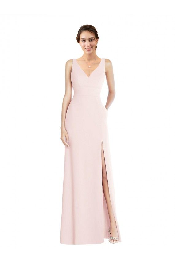 Compra Rosa línea A Cuello en V Crepé Elástico Largo Vestidos de dama de honor / Vestidos de fiesta