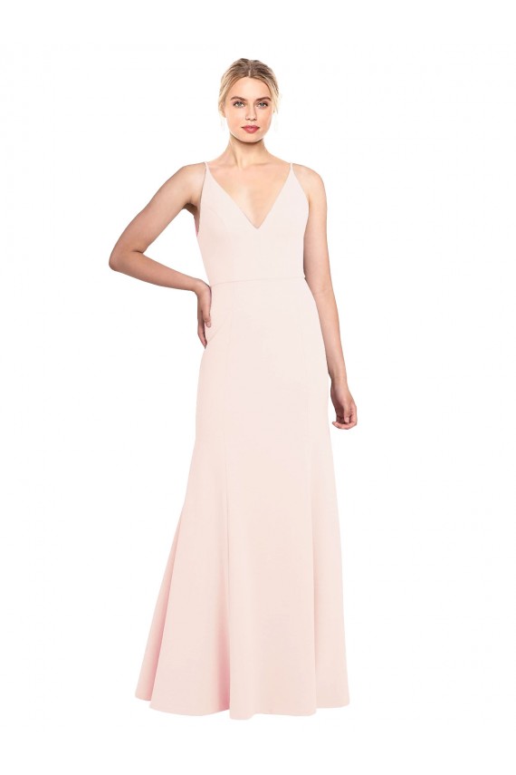 Compra Rosa línea A Cuello en V Cuello Alto Crepé Elástico Largo Formales Vestidos de dama de honor / Vestidos de fiesta