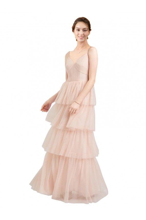 Compra Rosa línea A Cuello en V Tul Largo Vestidos de dama de honor