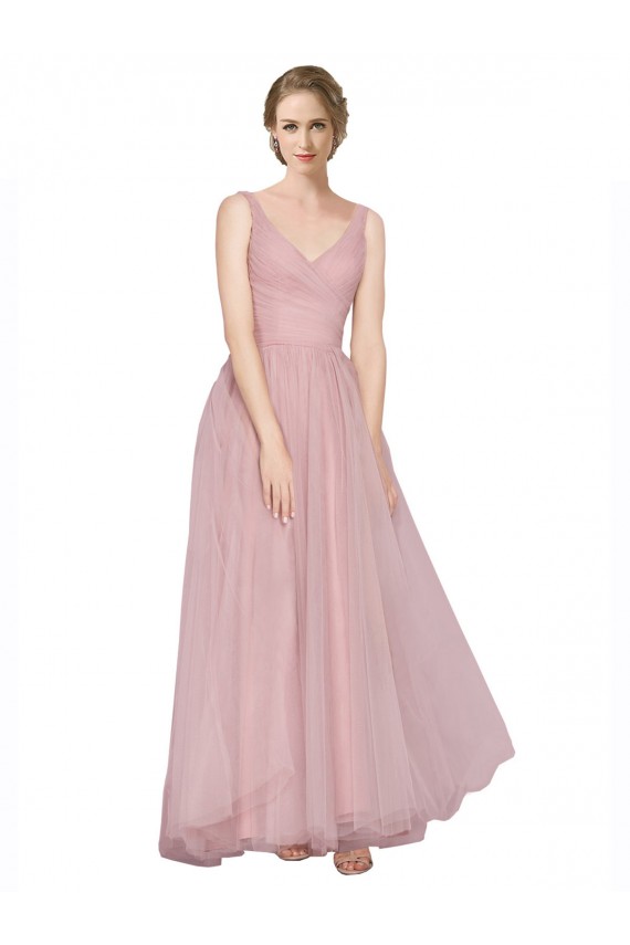 Compra Rosa línea A Cuello en V Tul Largo Vestidos de dama de honor