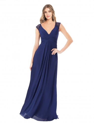 Sapphire línea A Cuello en V Gasa Largo Vestidos de dama de honor Baratos
