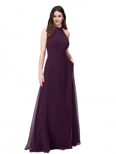 Uva línea A Halter Cuello Alto Gasa Largo Vestidos de dama de honor Baratos