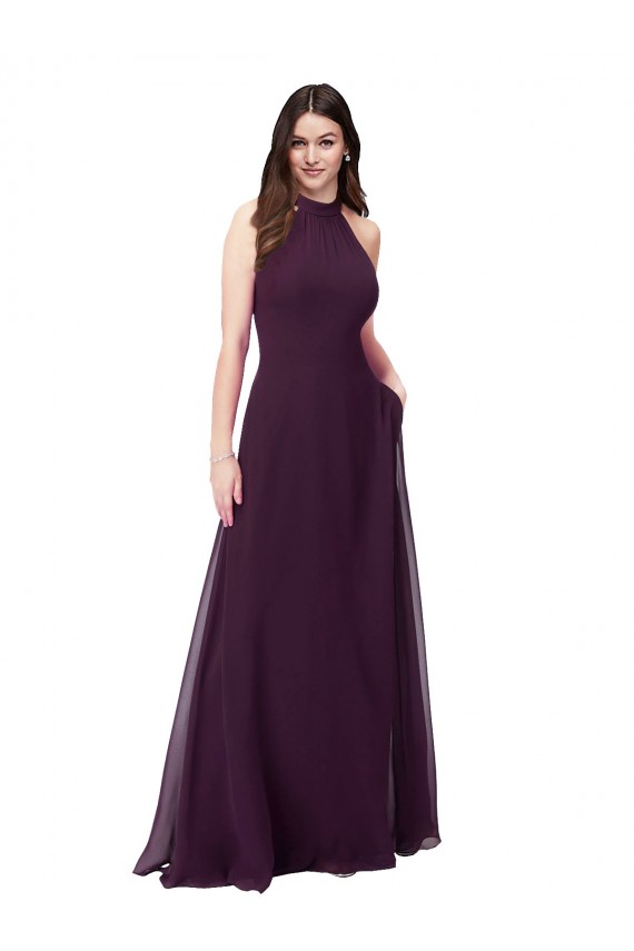Compra Uva línea A Halter Cuello Alto Gasa Largo Vestidos de dama de honor