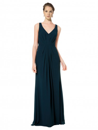 Verde Midnight línea A Cuello en V Gasa Largo Vestidos de dama de honor Baratos