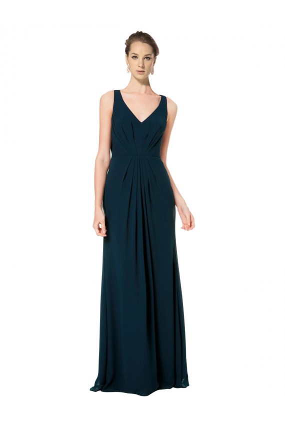 Compra Verde Midnight línea A Cuello en V Gasa Largo Vestidos de dama de honor