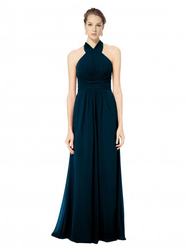 Verde Midnight línea A Halter Gasa Largo Vestidos de dama de honor Baratos