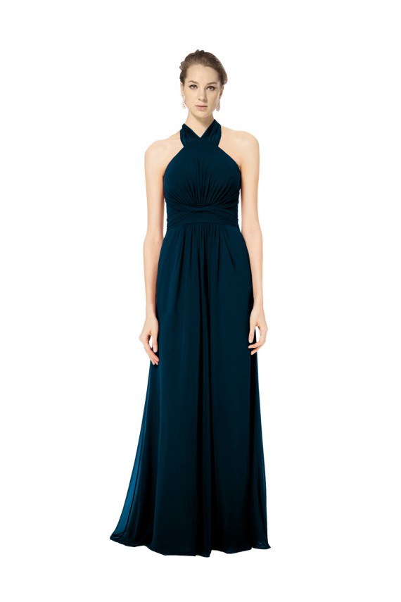 Compra Verde Midnight línea A Halter Gasa Largo Vestidos de dama de honor