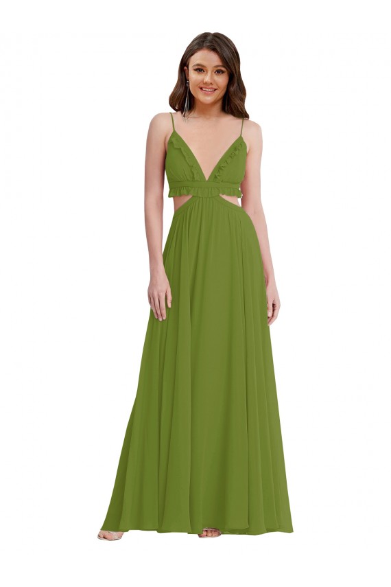 Compra Verde Oliva línea A Cuello en V Gasa Largo Vestidos de dama de honor