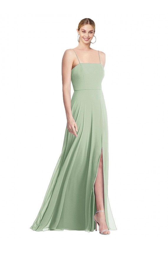 Compra Verde Salvia Trompeta Tirantes espagueti Cuadrado Gasa Largo Formales Vestidos de dama de honor / Vestidos de noche