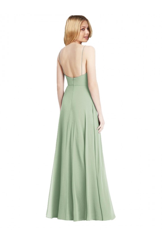 Compra Verde Salvia Trompeta Tirantes espagueti Cuadrado Gasa Largo Formales Vestidos de dama de honor / Vestidos de noche