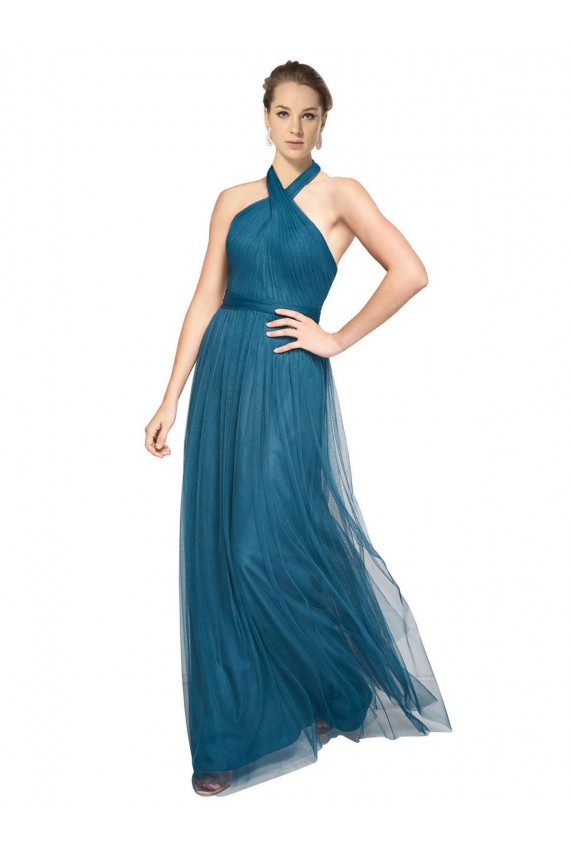 Compra Verde azulado línea A Halter Cuello Alto Tul Largo Vestidos de dama de honor