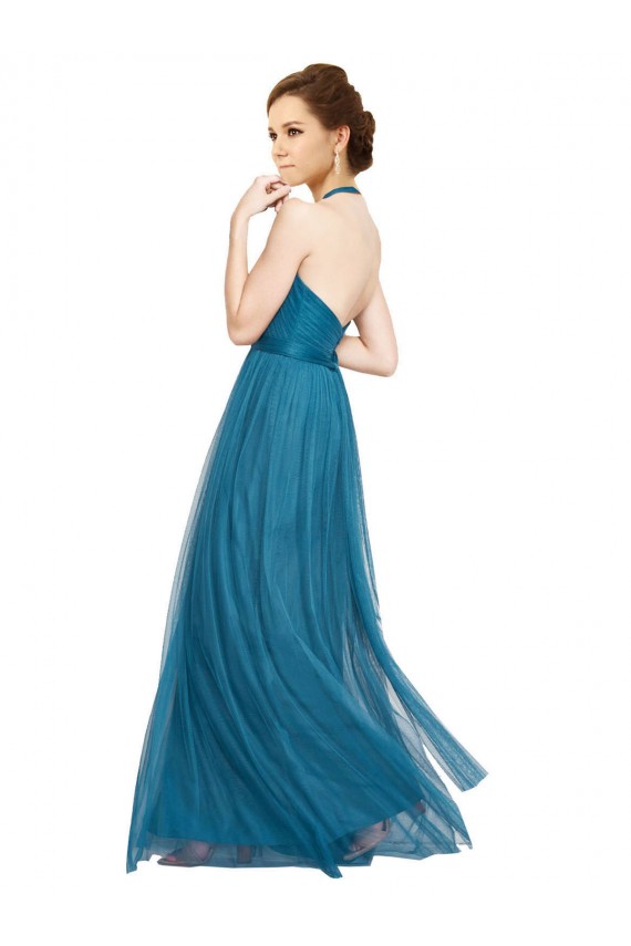 Compra Verde azulado línea A Halter Cuello Alto Tul Largo Vestidos de dama de honor
