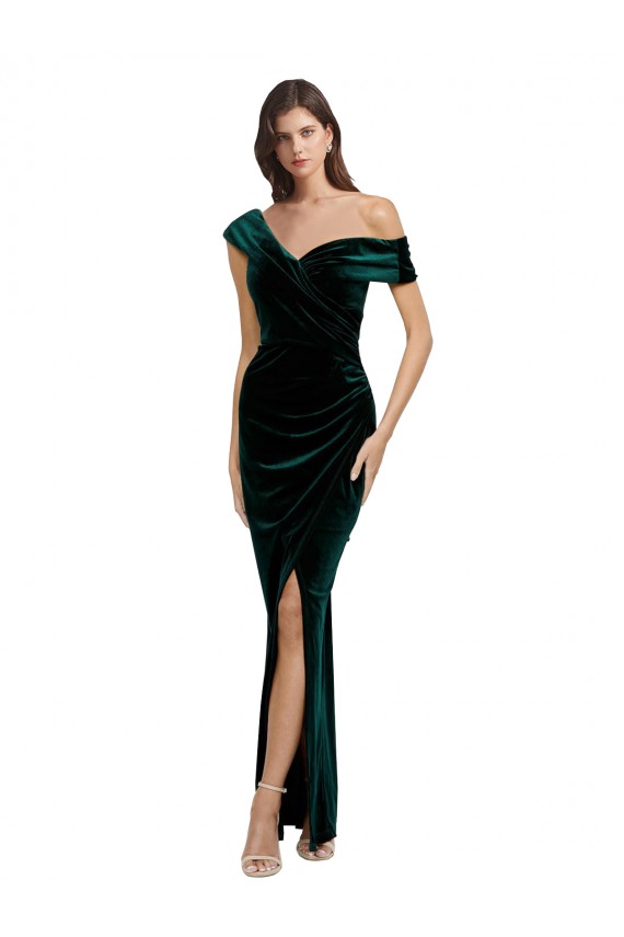 Compra Verde oscuro Cubierta Hombros Descubiertos Terciopelo Elástico Largo Asimétrico Formales Vestidos de dama de honor / Vestidos de fiesta