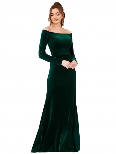Verde oscuro Cubierta Hombros Descubiertos Terciopelo Elástico Largo Formales Vestidos de dama de honor / Vestidos de fiesta Baratos