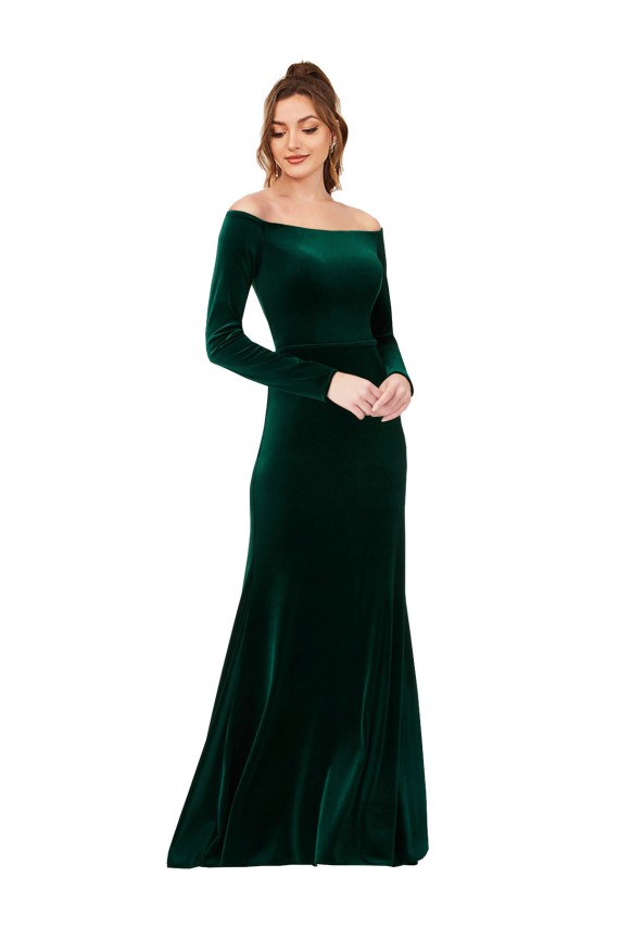 Compra Verde oscuro Cubierta Hombros Descubiertos Terciopelo Elástico Largo Formales Vestidos de dama de honor / Vestidos de fiesta