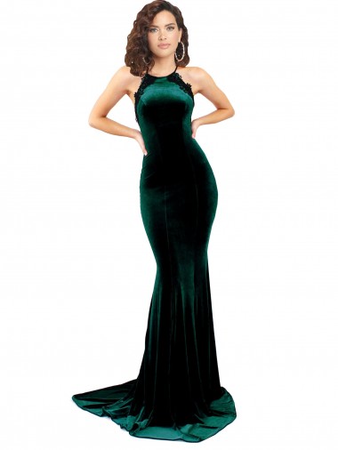Verde oscuro Sirena Cuello Alto Barrer tren Terciopelo Elástico Largo Formales Vestidos de dama de honor / Vestidos de fiesta Baratos