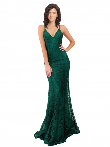 Verde oscuro Sirena Cuello en V Encaje Largo Vestidos de dama de honor / Vestidos de fiesta Baratos