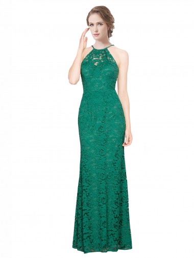 Verde oscuro Sirena Halter Cuello Alto Encaje Largo Vestidos de dama de honor / Vestidos de fiesta Baratos