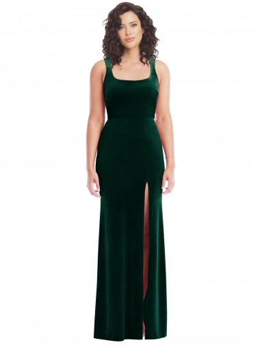 Verde oscuro Trompeta Cuadrado Terciopelo Elástico Largo Vestidos de dama de honor / Vestidos de fiesta Baratos