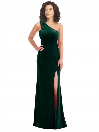 Verde oscuro Trompeta Un Hombre Terciopelo Elástico Largo Vestidos de dama de honor / Vestidos de fiesta Baratos