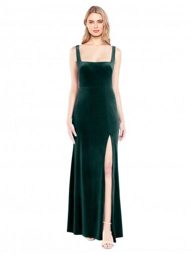 Verde oscuro línea A Cuadrado Terciopelo Elástico Largo Vestidos de dama de honor / Vestidos de fiesta Baratos