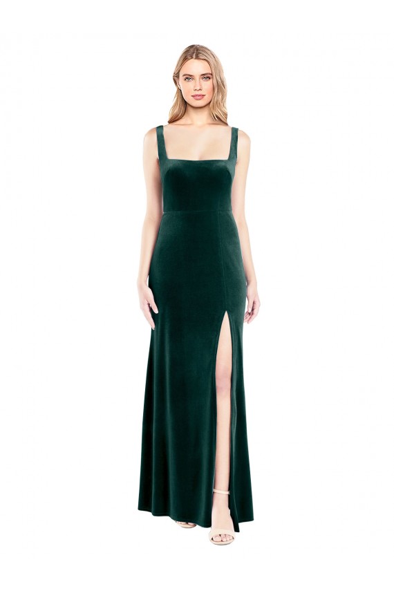 Compra Verde oscuro línea A Cuadrado Terciopelo Elástico Largo Vestidos de dama de honor / Vestidos de fiesta