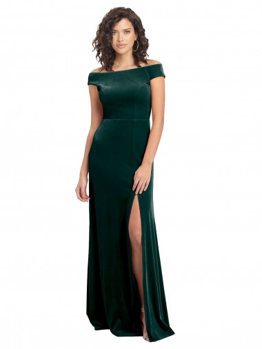 Verde oscuro línea A Cuadrado Terciopelo Elástico Largo Formales Vestidos de dama de honor / Vestidos de fiesta Baratos