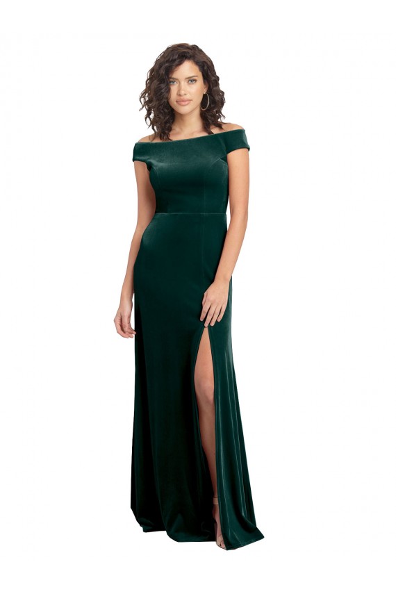 Compra Verde oscuro línea A Cuadrado Terciopelo Elástico Largo Formales Vestidos de dama de honor / Vestidos de fiesta