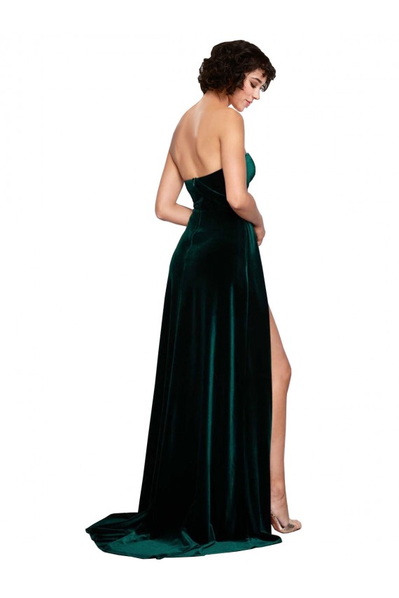 Compra Verde oscuro línea A Cuello de Corazón Barrer tren Terciopelo Elástico Largo Vestidos de dama de honor / Vestidos de fiesta
