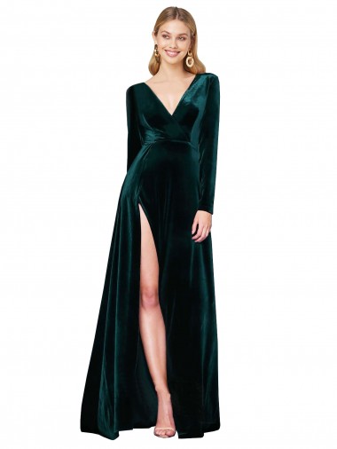 Verde oscuro línea A Cuello en V Barrer tren Terciopelo Elástico Largo Formales Vestidos de dama de honor / Vestidos de fiesta Baratos