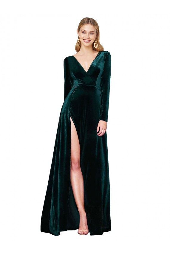 Compra Verde oscuro línea A Cuello en V Barrer tren Terciopelo Elástico Largo Formales Vestidos de dama de honor / Vestidos de fiesta