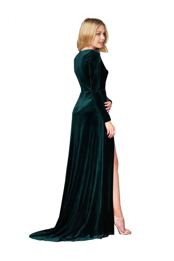 Compra Verde oscuro línea A Cuello en V Barrer tren Terciopelo Elástico Largo Formales Vestidos de dama de honor / Vestidos de fiesta