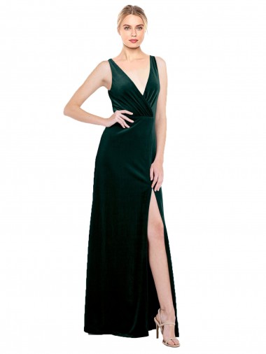 Verde oscuro línea A Cuello en V Terciopelo Elástico Largo Formales Vestidos de dama de honor / Vestidos de fiesta Baratos