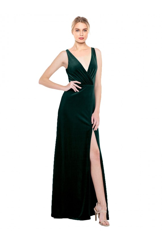 Compra Verde oscuro línea A Cuello en V Terciopelo Elástico Largo Formales Vestidos de dama de honor / Vestidos de fiesta