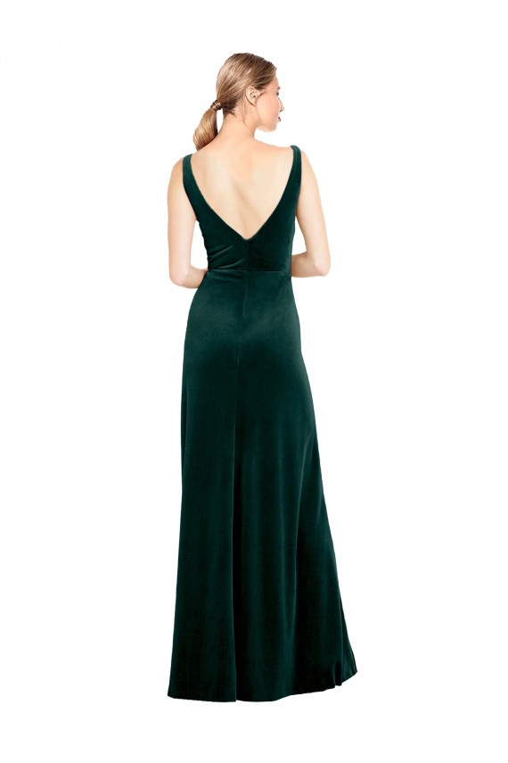 Compra Verde oscuro línea A Cuello en V Terciopelo Elástico Largo Formales Vestidos de dama de honor / Vestidos de fiesta