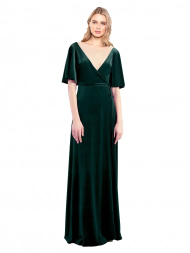 Verde oscuro línea A Cuello en V Terciopelo Elástico Largo Vestidos de dama de honor / Vestidos de fiesta Baratos