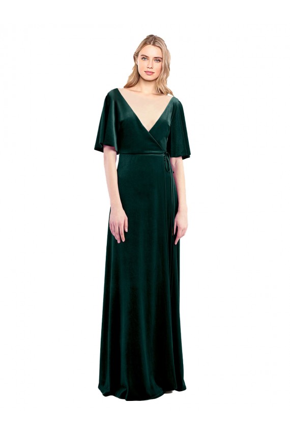 Compra Verde oscuro línea A Cuello en V Terciopelo Elástico Largo Vestidos de dama de honor / Vestidos de fiesta