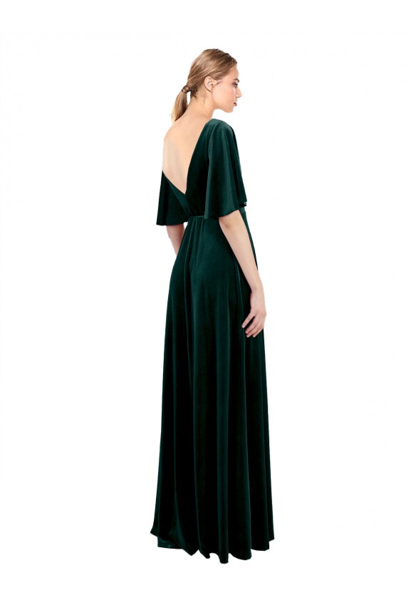 Compra Verde oscuro línea A Cuello en V Terciopelo Elástico Largo Vestidos de dama de honor / Vestidos de fiesta