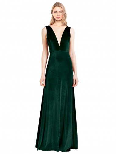 Verde oscuro línea A Cuello en V Terciopelo Elástico Largo Formales Vestidos de dama de honor / Vestidos de fiesta Baratos