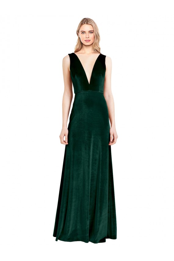 Compra Verde oscuro línea A Cuello en V Terciopelo Elástico Largo Formales Vestidos de dama de honor / Vestidos de fiesta