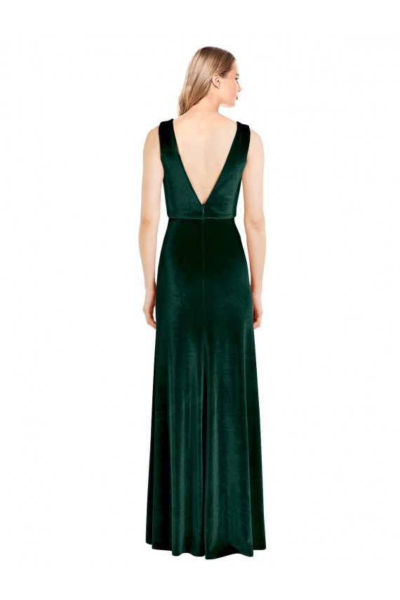 Compra Verde oscuro línea A Cuello en V Terciopelo Elástico Largo Formales Vestidos de dama de honor / Vestidos de fiesta