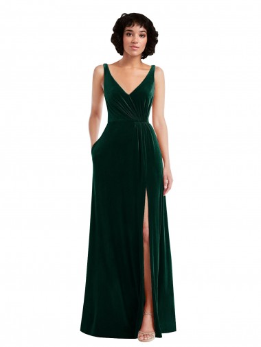 Verde oscuro línea A Cuello en V Terciopelo Elástico Largo Vestidos de dama de honor / Vestidos de fiesta Baratos
