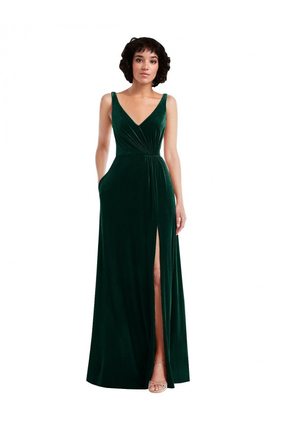 Compra Verde oscuro línea A Cuello en V Terciopelo Elástico Largo Vestidos de dama de honor / Vestidos de fiesta